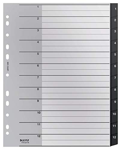 Leitz Indice, Schede Numeriche 1-12, Formato A4 Extra Largo, Plastica Riciclata Al 90%, Ecologico, Qualità Premium, Gamma Recycle, Nero, 12090000