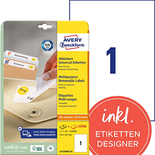 Avery Zweckform L4735Rev - Etichette Universali (25 Etichette A4 Rimovibili, 210 X 297 Mm, 25 Fogli, Colore: Bianco
