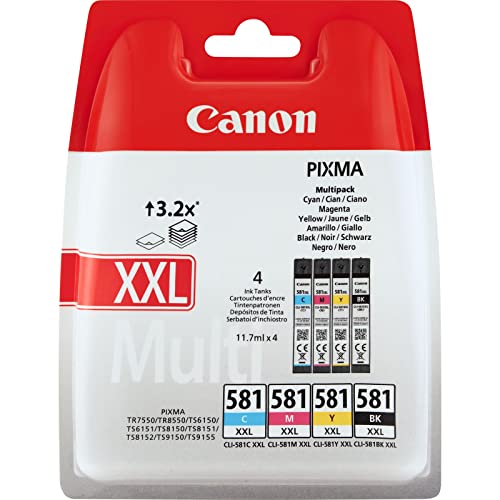 Canon Cli-581 Xxl C M Y Bk Confezione Da 4 Cartucce D'Inchiostro Capacità Xxl (Nero Xxl Ciano Xxl Magenta Xxl Giallo Xxl) Originale Canon, Imballaggi 