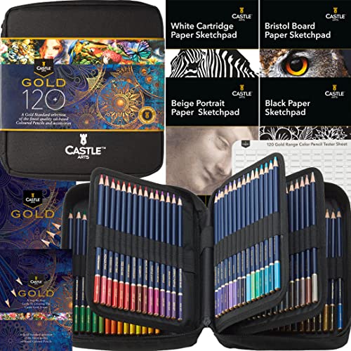 Castle Art Supplies Set Di 120 Matite Colorate Di Qualità Oro Con Extra | Anime A Base D’Olio Più Appuntite E Resistenti Alla Rottura | Per Artisti Ad
