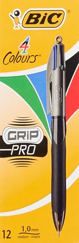 Bic 4Colori Grip Pro, Penna A Sfera A Scatto, Punta Media (1.0 Mm), Confezione Da 12, Fornitura Per Cancelleria Ufficio