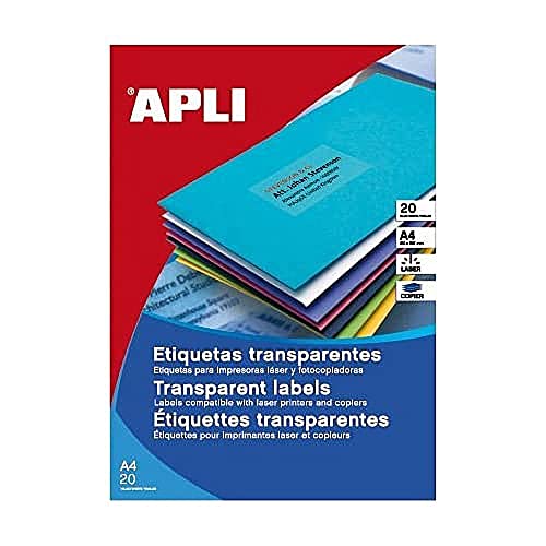 Apli 1225 – Transparente Etichette Per Stampanti Laser E Fotocopiatrici, 210 X 297 Mm, 20 Fogli