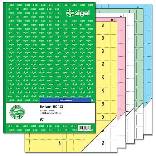 Sigel-Blocco Voucher Bo122 5 Pezzi, 5 Colori Assortiti (1000 Biglietti) Con Carta, Formato A4, 2 X 50 Fogli