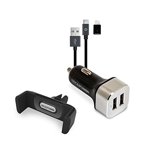 Realpower Mobile Car Set, Smartphone Holder, 2-Port Usb Car Charger, Micro Usb To Lightning Adapter, For Iphone, Samsung Galaxy/Note/S9, Htc, Lg, Tabl