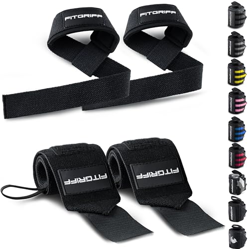 Fitgriff® Polsiere Polsini Palestra + Straps Sollevamento Pesi (Set Di 2) - Per Allenamento Con I Pesi, Gym, Fitness, Powerlifting, Bodybuilding - Per