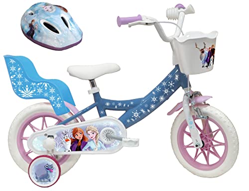 Vélo Atlas Bicicletta 12' Bambina Dotata Di 1 Freno, Cestino Anteriore, Portabambole Posteriore, Parafanghi, Custodia E Stabilizzatori + Casco Frozen 