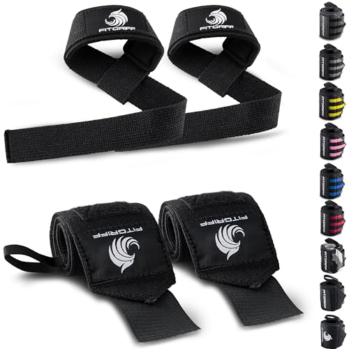 Fitgriff® Polsiere Polsini Palestra + Straps Sollevamento Pesi (Set Di 2) - Per Allenamento Con I Pesi, Gym, Fitness, Powerlifting, Bodybuilding - Per