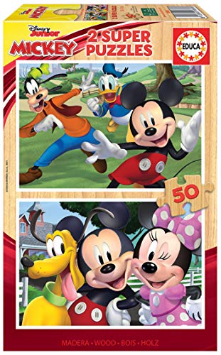 Educa - Puzzle In Legno Per Bambini Con 50 Pezzi Ciascuno | Disney Mickey And Friends, Disney. Misure: 28 X 20 Cm. Composto Da Grandi Pezzi Perfettame