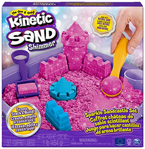 Kinetic Sand |Castello Di Sabbia Shimmer | Sabbia Cinetica 454Gr | Sabbia Magica | Sabbia Colorata Glitterata Rosa | 3 Accessori E Vaschetta Inclusi |