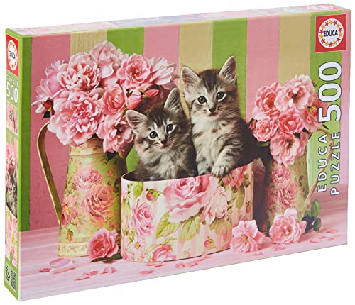 Educa - Puzzle 500 Pezzi Per Adulti | Gattini Con Rose. Pezzi Perfettamente Finiti E Sicuri Per I Bambini. Misura 34 X 48 Cm. Include Colla Fix Puzzle