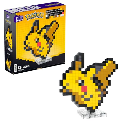 Mega Pokémon Showcase - Pikachu, Set In Stile Retrò Pixelato Da Costruire Con 400 Pezzi, Con Base Piana Per Esporlo E Incisione Sul Retro Per Appender
