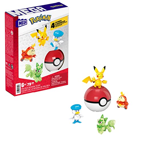 Mega Pokémon - Team Della Regione Di Paldea, Set Con 4 Personaggi E 1 Poké Ball Da Costruire Con 79 Pezzi, Include Pikachu, Fuecoco, Sprigatito E Quax