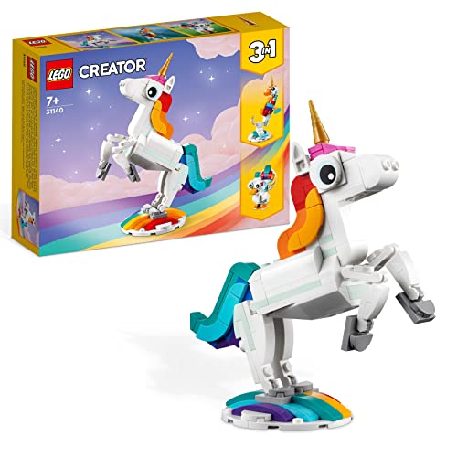 Lego 31140 Creator Unicorno Magico Con Arcobaleno, Set 3 In 1 Con Fantastici Animali Giocattolo Per Bambini E Bambine, Cavalluccio Marino E Pavone, Id