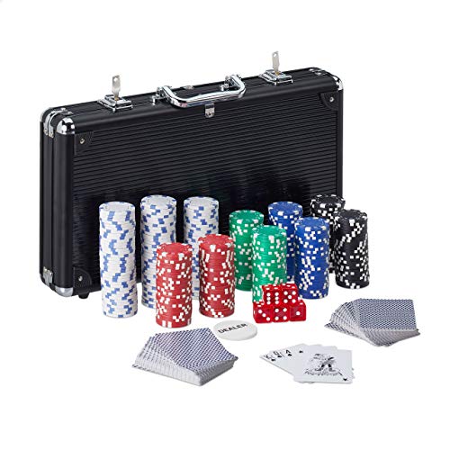 Relaxdays Valigetta Poker, 300 Chips Laser, 2 Mazzi Di Carte, 5 Dadi, Dealer, Richiudibile & Portatile, Alluminio, Nero, Colore, 10031552