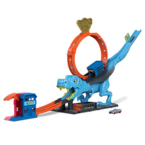 Hot Wheels - Hot Wheels City Pista Con 1 Macchinina, Sfreccia Attraverso Un Loop Gigante Per Sconfiggere Il Mega Dinosauro, Pista Acrobatica Da Corsa