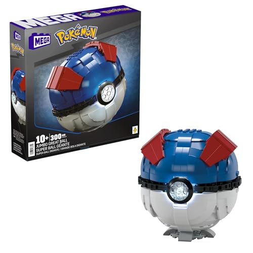 Mega Pokémon - Mega Ball Gigante, Set Da Costruire Con 299 Pezzi E Luci, Pulsante Centrale Si Illumina E Lampeggia, Piedistallo Da Esposizione Incluso
