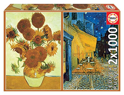Educa - 2 Puzzle Da 1000 Pezzi Ciascuno | Los Girasoles + Terraza De Café Por La Noche, V. Van Gogh | Arte | Dimensioni: 48 X 68 Cm. Include Colla Fix