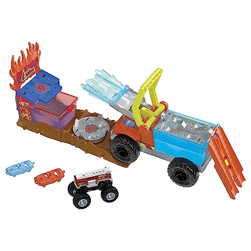 Hot Wheels Monster Trucks - Playset Arena Degli Scontri Missione Anti-Incendio, Con 1 Monster Trucks Color Shifter, 2 Macchinine E 1 Semi-Articolato S