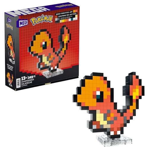 Mega Pokémon Showcase - Charmander, Set In Stile Retrò Pixelato Da Costruire Con 349 Pezzi, Con Base Piana Per Esporlo E Incisione Sul Retro Per Appen