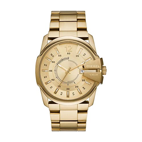 Diesel Orologio Master Chief Da Uomo, Movimento A Tre Lancette Con Data, Cassa In Acciaio Inossidabile Placcata Oro Da 45 Mm E Bracciale In Acciaio In