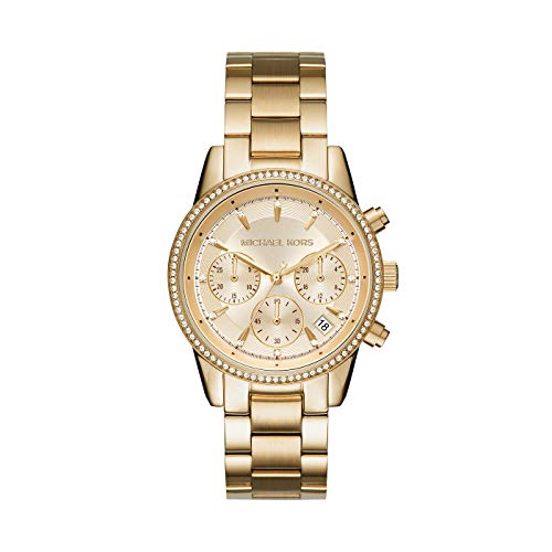 Michael Kors Orologio Ritz Da Donna, Movimento Cronografo Al Quarzo, Cassa In Acciaio Inossidabile Dorata Da 37 Mm E Bracciale In Acciaio Inossidabile