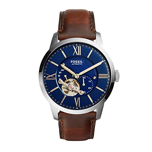 Fossil Orologio Townsman Da Uomo, Movimento Meccanico Automatico, Cassa In Acciaio Inossidabile Silver Da 44 Mm Con Cinturino In Pelle, Me3110, Blu