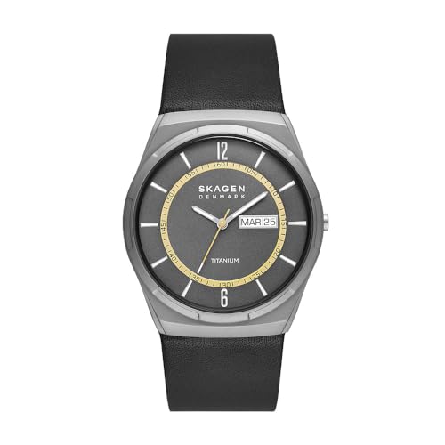 Skagen Orologio Da Uomo Melbye, Movimento Day-Date A Tre Lancette, Titanio Con Cassa Da 40 Mm E Cinturino In Pelle, Nero