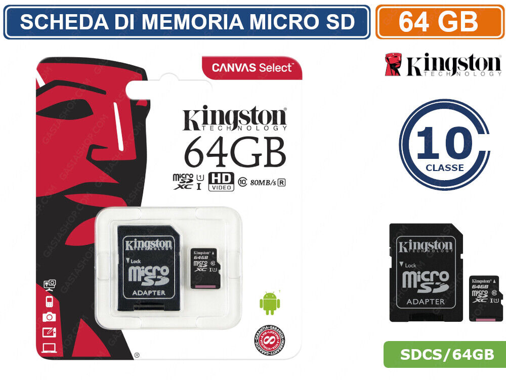 SCHEDA DI MEMORIA KINGSTON MEMORY CARD MICRO SD UHS-I CLASSE 10 80MB/s 64GB