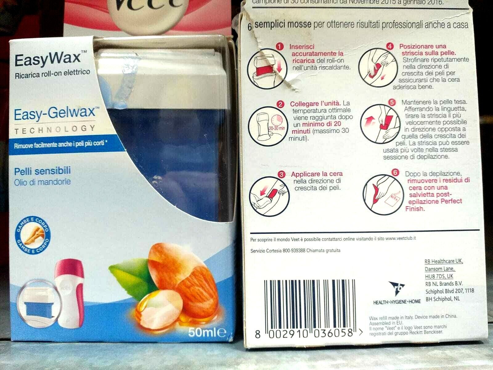 3 pz Veet Easy Wax Ricarica roll-on elettrico Pelli Sensibili Olio Mandorle 50ml