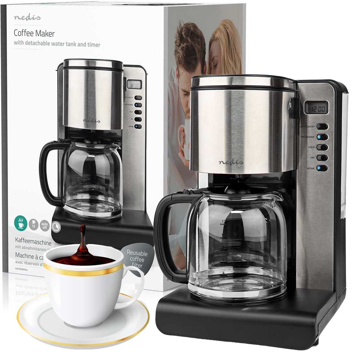 MACCHINA PER CAFFÈ AMERICANO PROFESSIONALE 1000W 12TAZZE NEDIS ITALIA