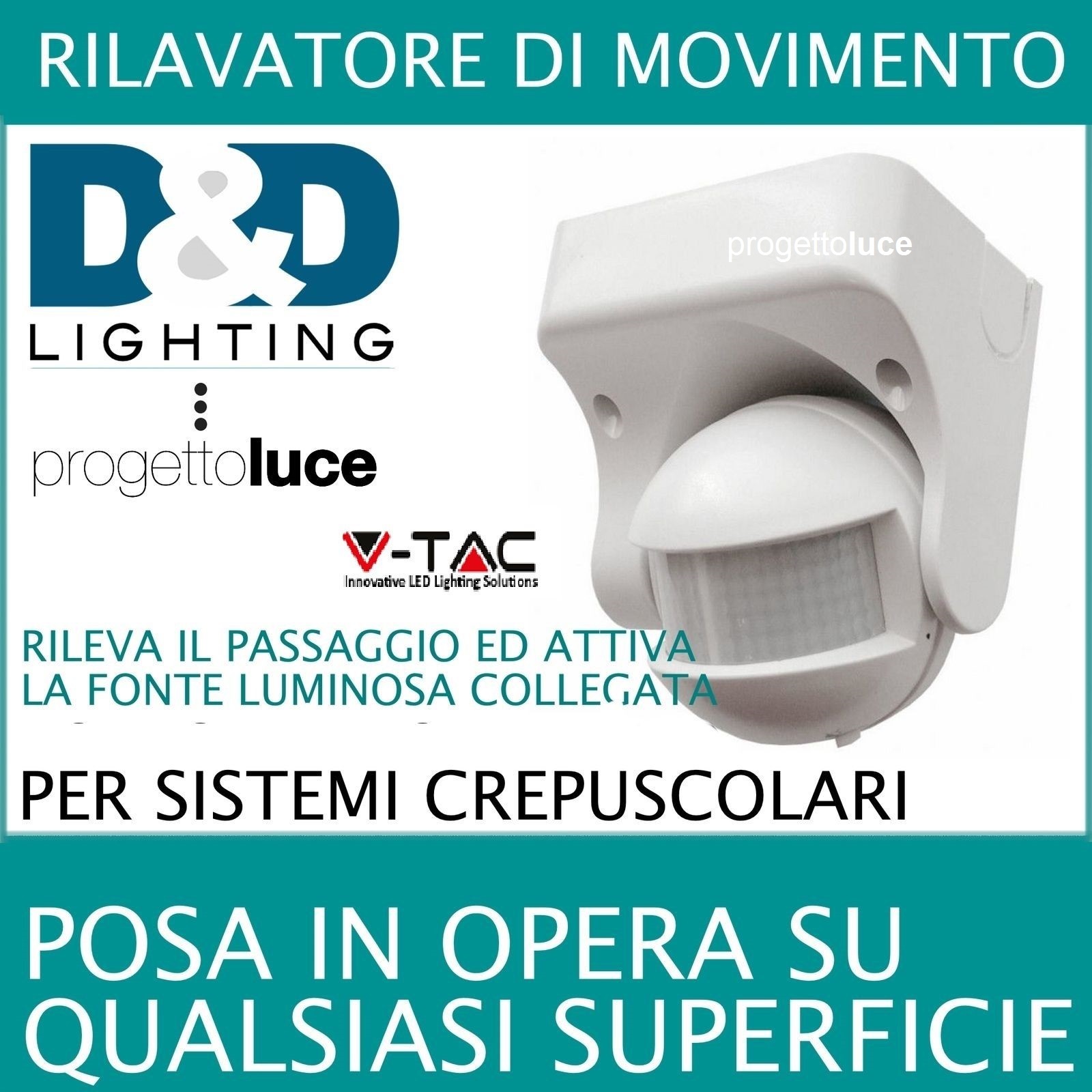 SENSORE  MOVIMENTO INFRAROSSI  CREPUSCOLARE BIANCO 12 MT 180° IP44 V-TAC a MURO