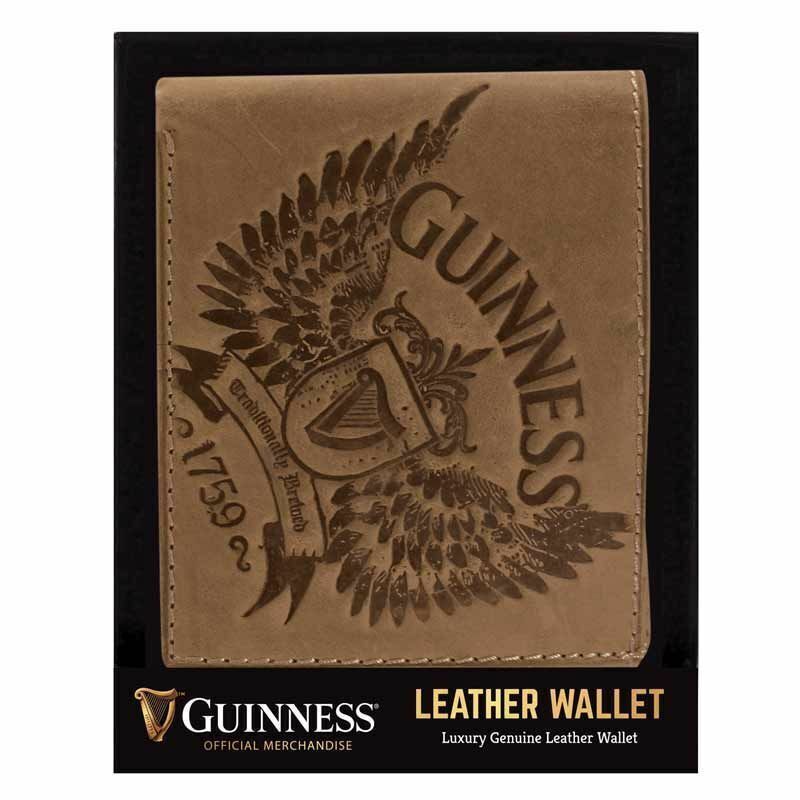 Portafoglio in pelle Guinness, modello bifold con ali marroni, dallo stock...