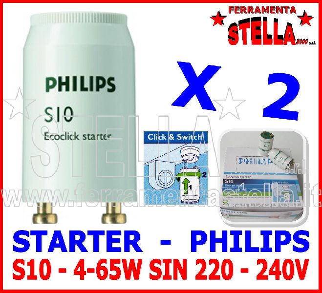 2 STARTER PHILIPS PER NEON LAMPADE FLUORESCENTI LAMPADA S10 4-65W - 220 - 240W