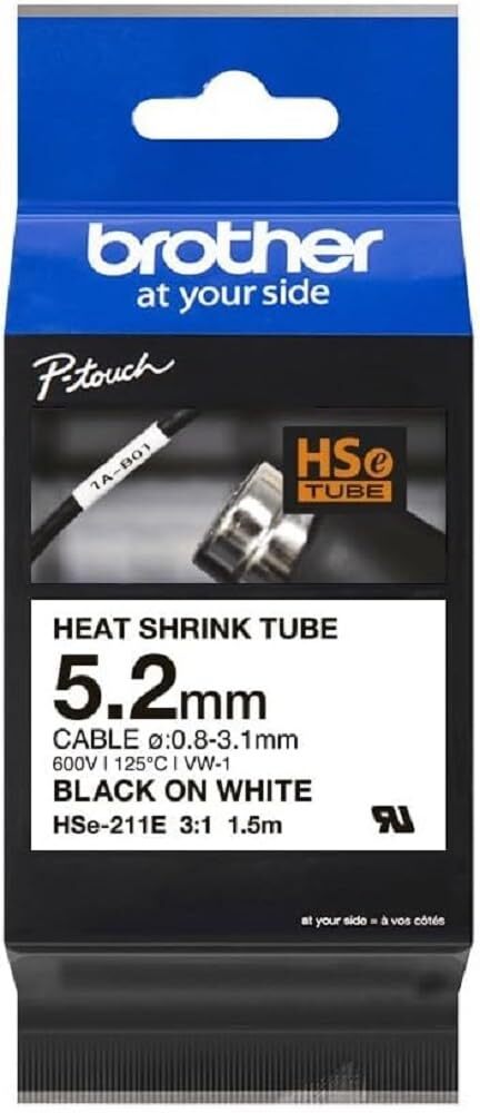 Brother Genuine Pro Tape HSe-211E Heat Shrink Tubing - Black on White, 5.2mm Wid