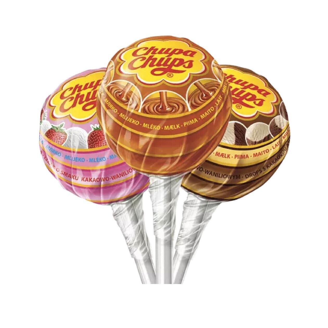 Chupa Chups Milky 50 pezzi sfusi lecca lecca fragola caramello cacao vaniglia