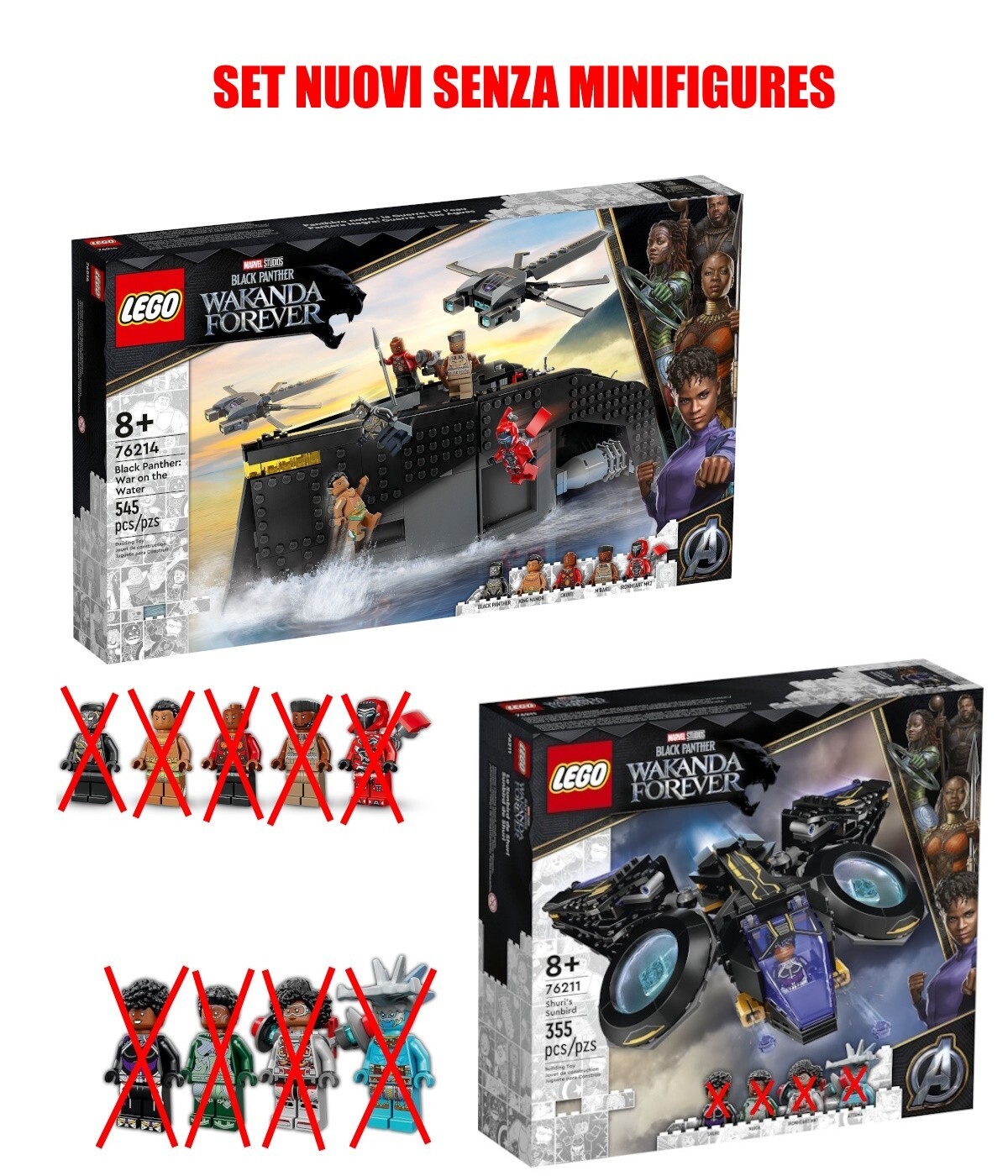 🕺 LEGO 76214 BLACK PANTHER GUERRA 76211 SUNDBIRD DI SHURI SENZA MINIFIGURES 🕺