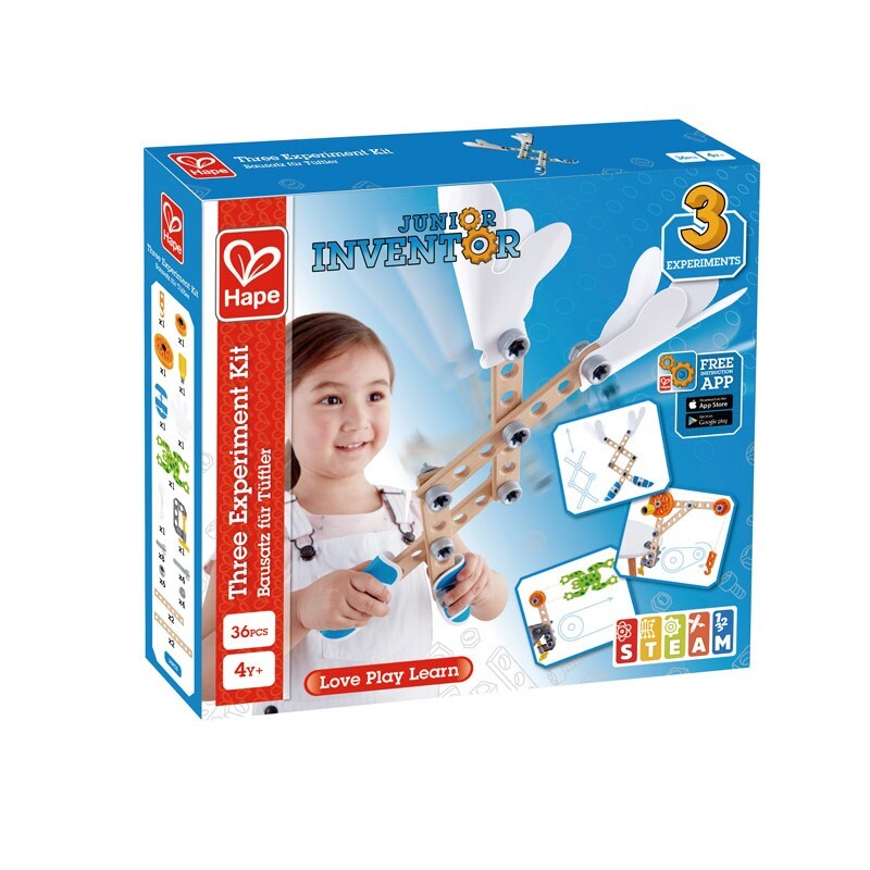 KIT PER 3 ESPERIMENTI junior inventor 37 PEZZI gioco HAPE in legno e plastica E3