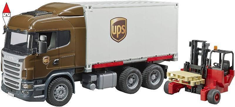 MODELLINO BRUDER SCANIA R-SERIES CAMION UPS PORTACONTAINER CON MULETTO