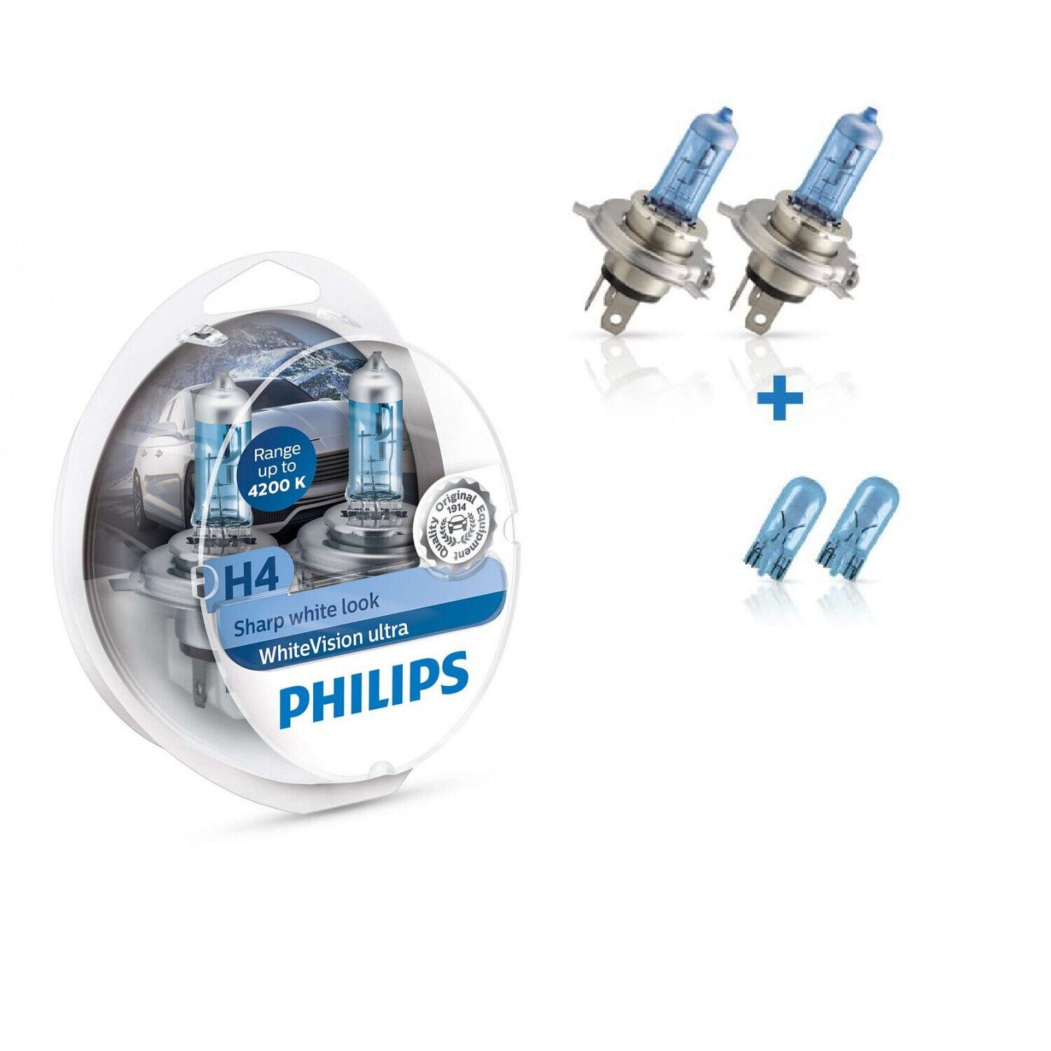 Kit Lampade Philips Whitevision Ultra 4200k 12v H4 60/55W + Coppia Lampade T10