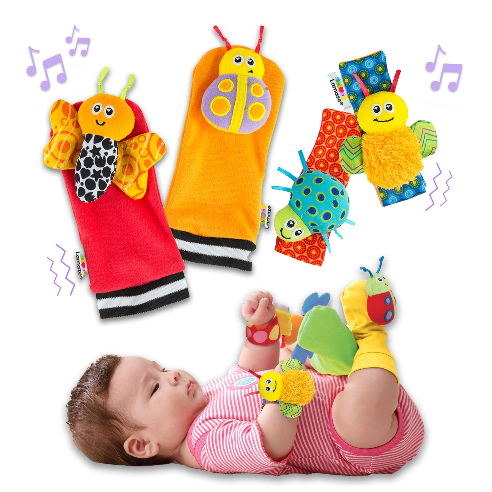 LAMAZE Gardenbug Wrist Baby Rattle Toy Baby Gift Set, Cute Foot Finder Baby Toy