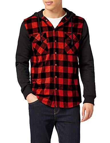 Urban Classics Camicia Da Uomo In Flanella A Quadri, Maniche Lunghe E Cappuccio, Stile Casual Da Boscaiolo, Colore Blk/Red/Bl, Taglia M