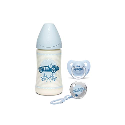 Suavinex 304400 Set Nascita Composta Da Biberon Con Tettarella Anatomica, Clip E Succhietto, 270Ml - Blu