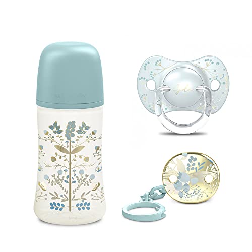 Suavinex Set Regalo Gold Edition, Biberon 270Ml, Ciuccio 0-6M E Clip, Azzurro