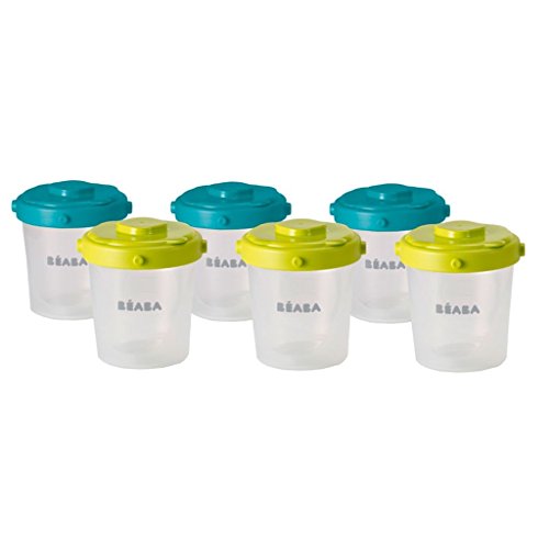 Béaba - Set Di 6 Vasetti Per Conservazione, Vasetti Impilabili, Chiusura A Scatto, Ermetici, Graduati, Compatibili Con Congelatore, 6 X 200 Ml, Blu/Gi