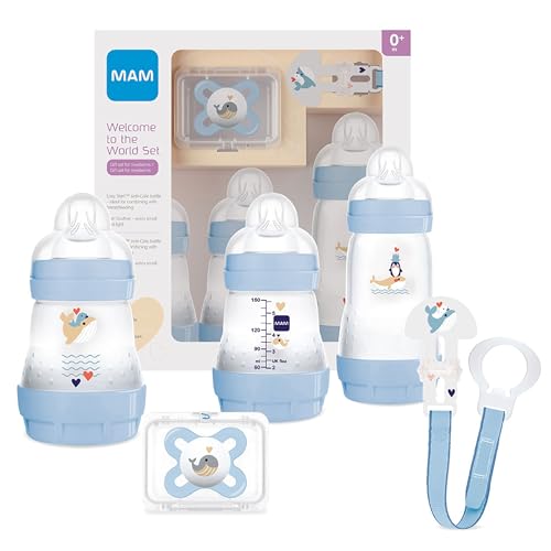 Mam Set Di Reén Nacido Welcome To The World G101-3 Biberones Easy Start Anti-Colic, 1 Chupete Start E 1 Spilla Clip 0+ Mesi, Blu, Versione Spagnola