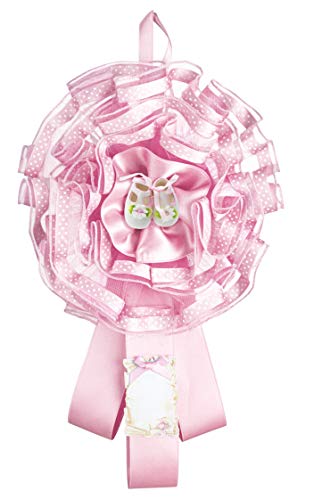 Coccarda Nascita In Tulle Decorato Con Nastrino A Pois, Nastri In Raso, Applicazione Di Un Decoro In Resina E Pergamena In Cartoncino Per Scrivere Il 