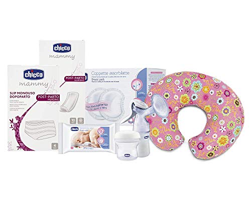 Chicco Kit Mamma Completo, Contiene Assorbenti Post Parto, Slip Monouso, Dischetti Assorbilatte, Salviettine, Tiralatte Manuale, Contenitori Latte Mat