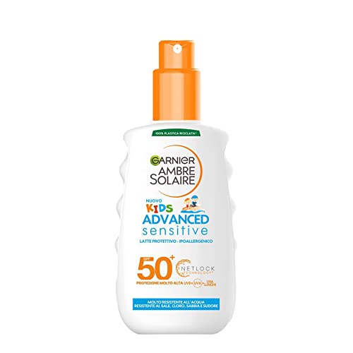Garnier Ambre Solaire Latte Solare Protettivo Spray Bambini Advanced Sensitive Kids, Resistente A Acqua, Sale E Cloro, Ipoallergenico, Con Protezione