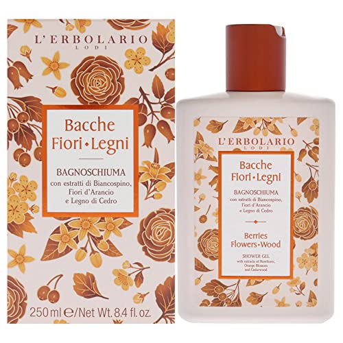 L'Erbolario Bagnoschiuma Bacche Fiori Legni Con Estratti Di Biancospino, Fiori D'Arancio E Legno Di Cedro, Tonificante E Idratante, Formato 250Ml
