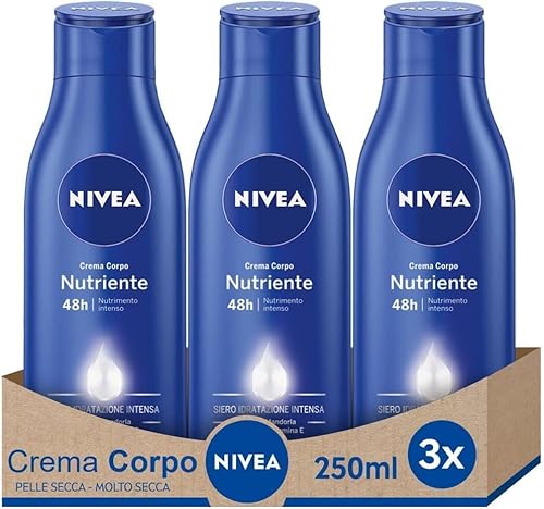 Nivea Crema Corpo Nutriente 3 X 250 Ml, Crema Idratante Arricchita Con Olio Di Mandorla Naturale E Vitamina E, Crema Nutriente Per Il Corpo Per Pelli